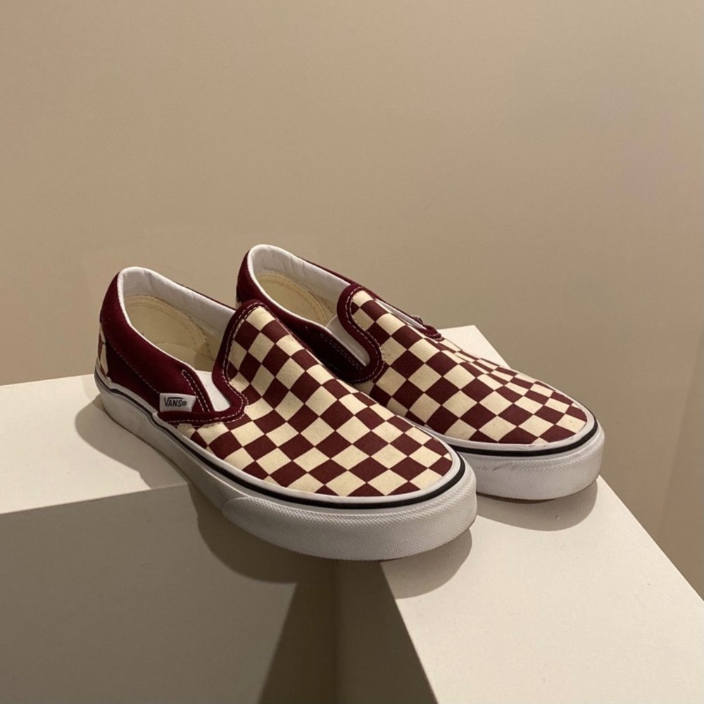 Vans- Burgundy checkers slip on vans